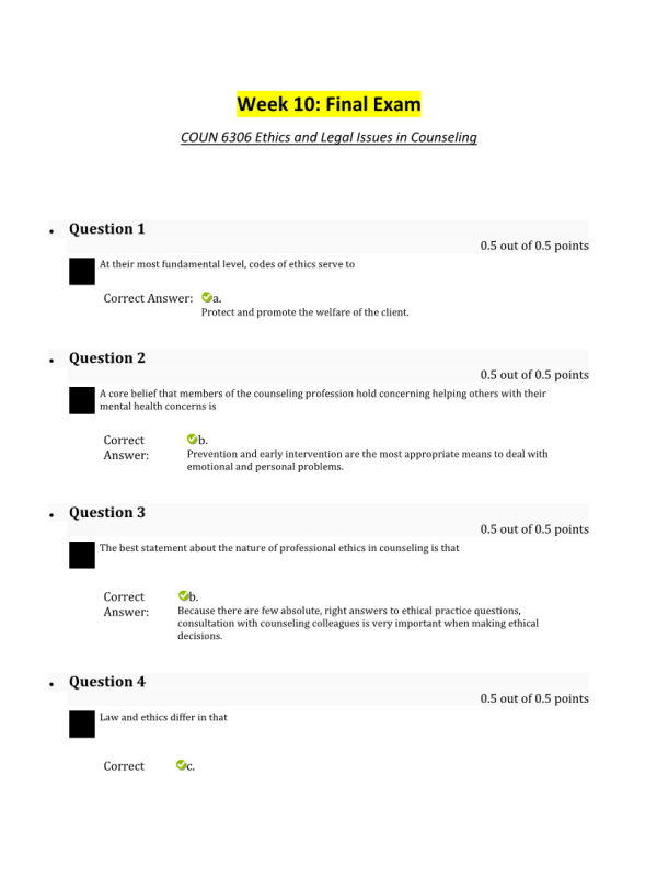COUN 6306 Ethics and Legal Issues; Week 10 Final Exam (Score 25 out of 25 Points)