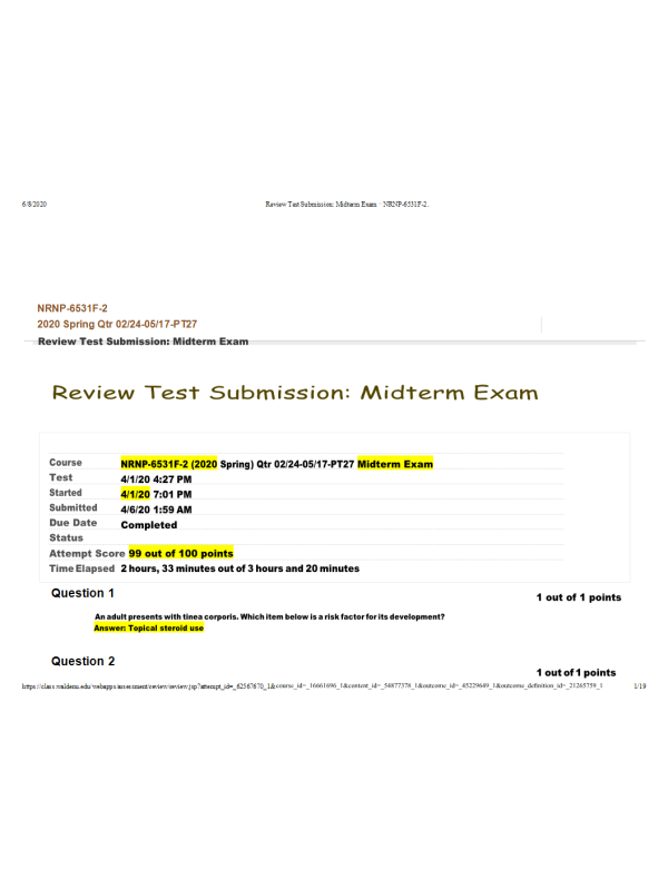 NRNP 6531 Week 6 Midterm Exam (99 out of 100 Points)