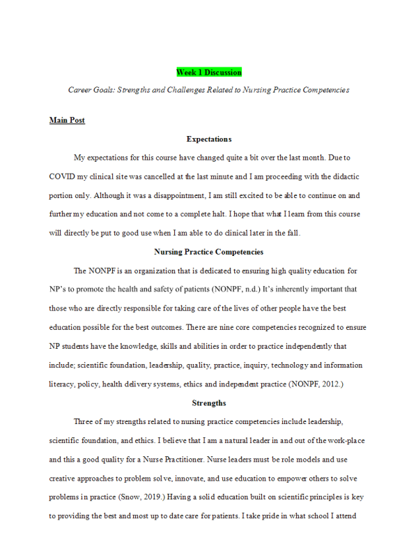NRNP 6531 Week 1 Discussion; Career Goals; Strengths and Challenges Discussion (Initial Posting, Responses)