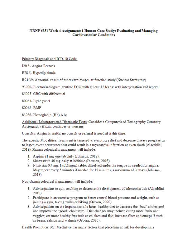 NRNP 6531 Week 4 Assignment; i-Human Case Study; Evaluating and Managing Cardiovascular Conditions