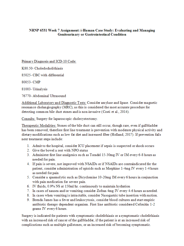 NRNP 6531 Week 7 Assignment; i-Human Case Study; Evaluating and Managing Genitourinary or Gastrointestinal Condition