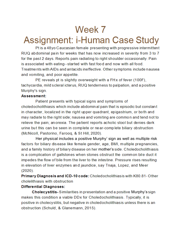 NRNP 6531 Week 7 Assignment; i-Human Case Study; Evaluating and Managing Genitourinary or Gastrointestinal Conditions