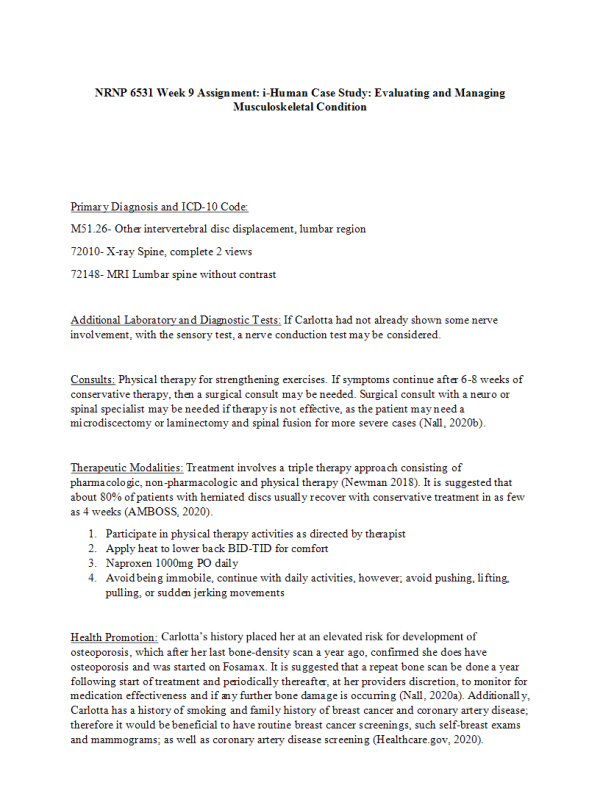 NRNP 6531 Week 9 Assignment; i-Human Case Study; Evaluating and Managing Musculoskeletal Condition