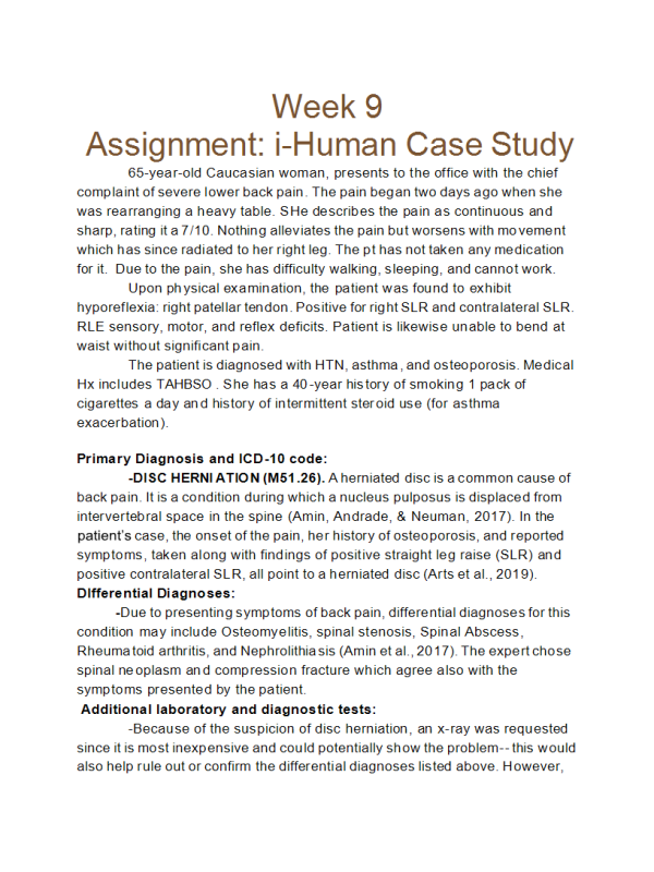 NRNP 6531 Week 9 Assignment; i-Human Case Study; Evaluating and Managing Musculoskeletal Conditions