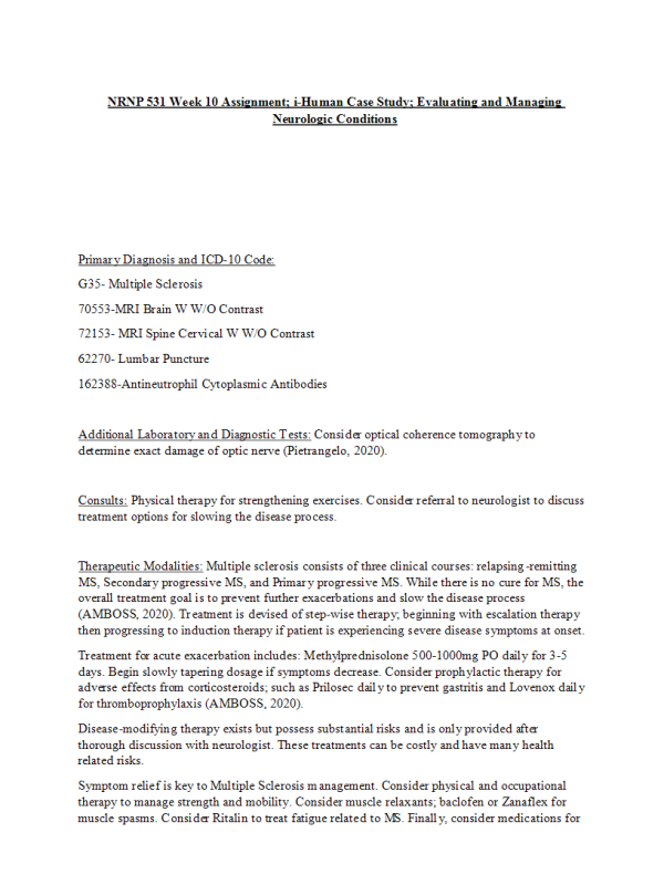 NRNP 6531 Week 10 Assignment; i-Human Case Study; Evaluating and Managing Neurologic Conditions
