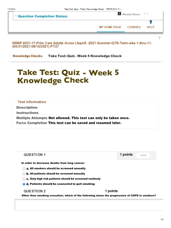 NRNP 6531 Week 5 Knowledge Check; Cardiovascular and Respiratory Conditions