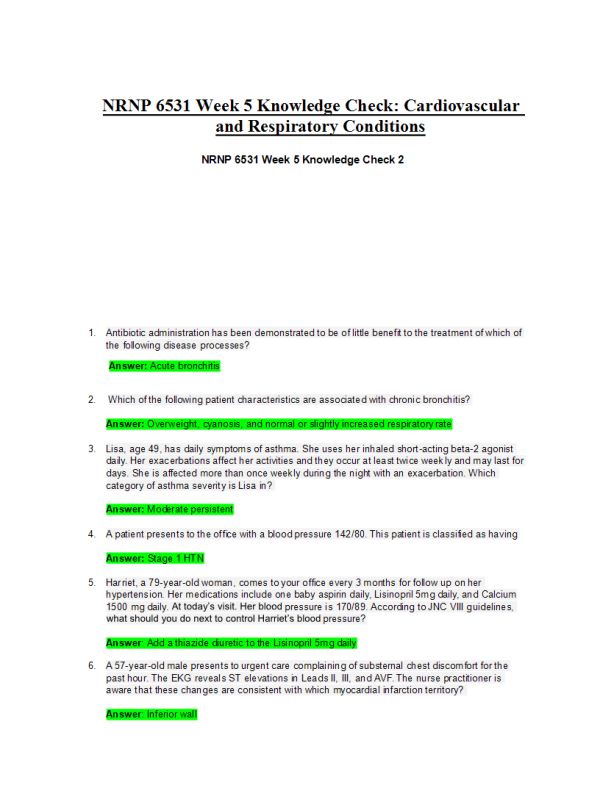 NRNP 6531 Week 5 Knowledge Check; Cardiovascular and Respiratory Conditions