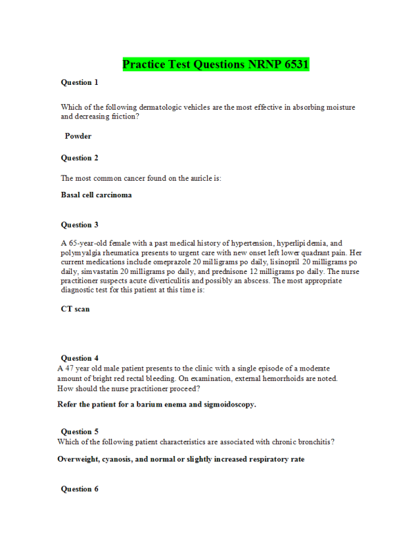 NRNP 6531 Week 6 Practice Midterm Exam