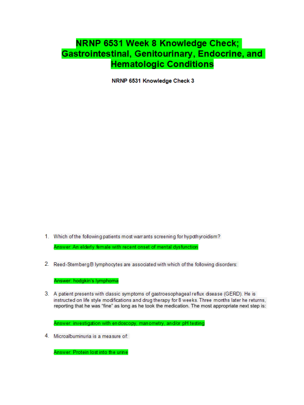 NRNP 6531 Week 8 Knowledge Check; Gastrointestinal, Genitourinary, Endocrine, and Hematologic Conditions