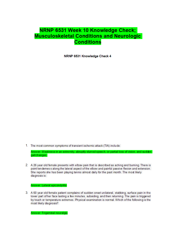 NRNP 6531 Week 10 Knowledge Check; Musculoskeletal Conditions and Neurologic Conditions