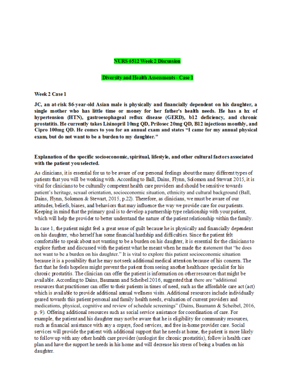 NURS 6512 Week 2 Discussion; Diversity and Health Assessments - Case 1