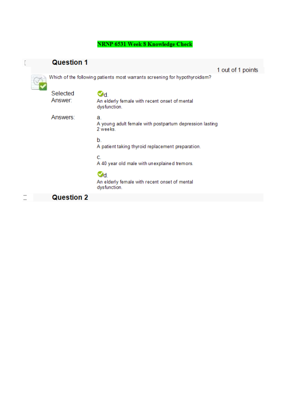 NRNP 6531 Week 8 Knowledge Check; Gastrointestinal, Genitourinary, Endocrine, and Hematologic ConditionsFall Qtr