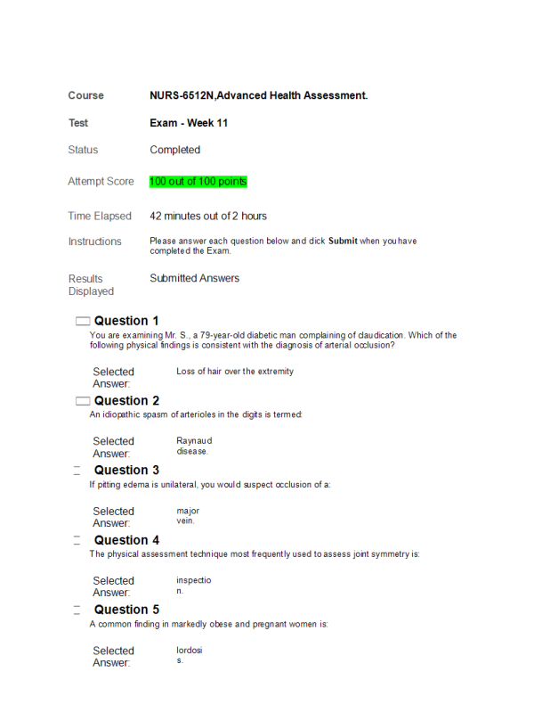 NURS 6512N Week 11 Final Exam - Attempt Score; 100 out of 100 Points