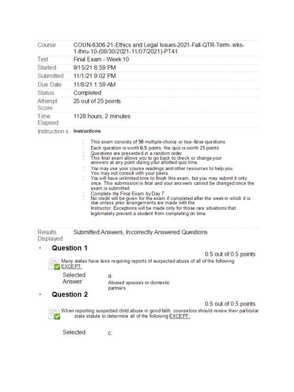 COUN 6306-21 Week 10 Final Exam (Score 25 out of 25 Points)