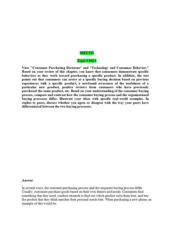 MKT 315 Topic 3 Discussion Question 2