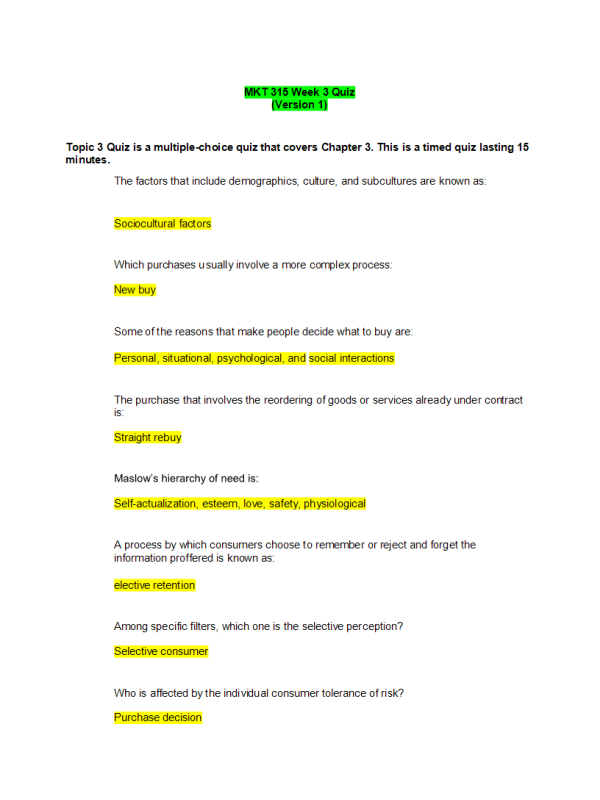MKT 315 Topic 3 Quiz (3 Versions)