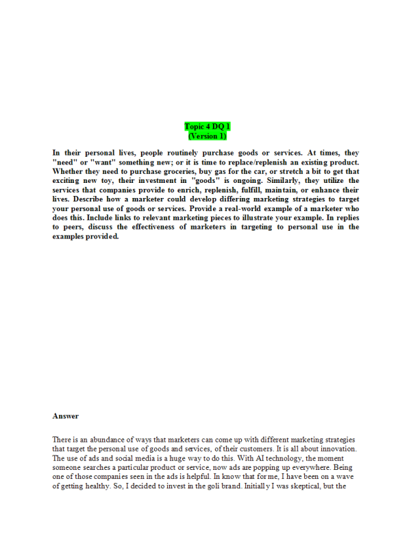 MKT 315 Topic 4 Discussion Question 1