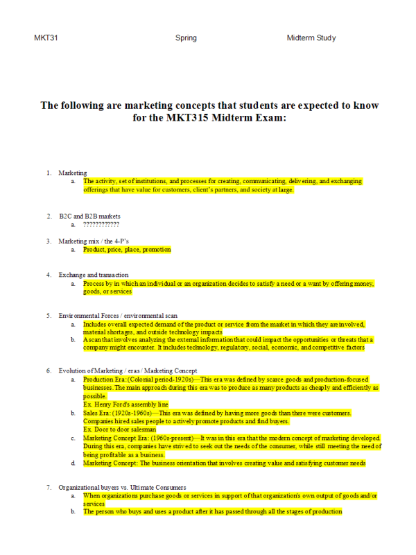 MKT 315 Topic 4 Midterm Study Guide
