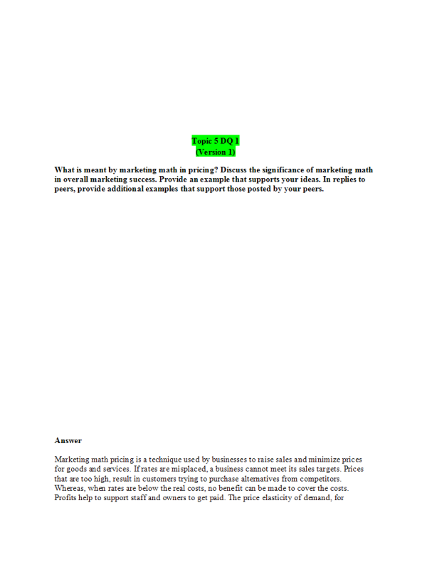 MKT 315 Topic 5 Discussion Question 1