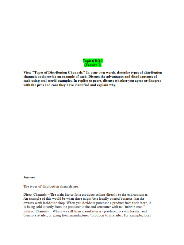 MKT 315 Topic 6 Discussion Question 1