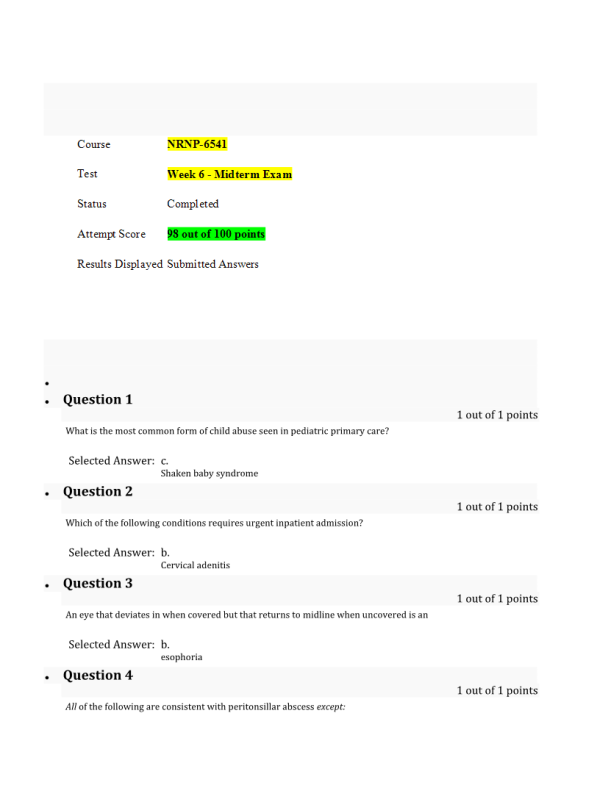 NRNP 6541 Week 6 Midterm Exam (98% Correct Summer Qtr)