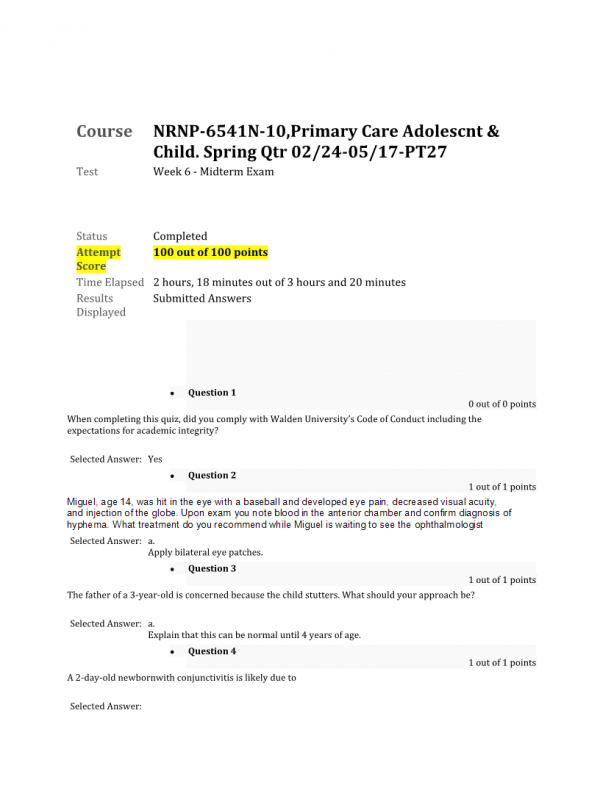 NRNP 6541 Week 6 Midterm Exam (100% Spring Qtr)