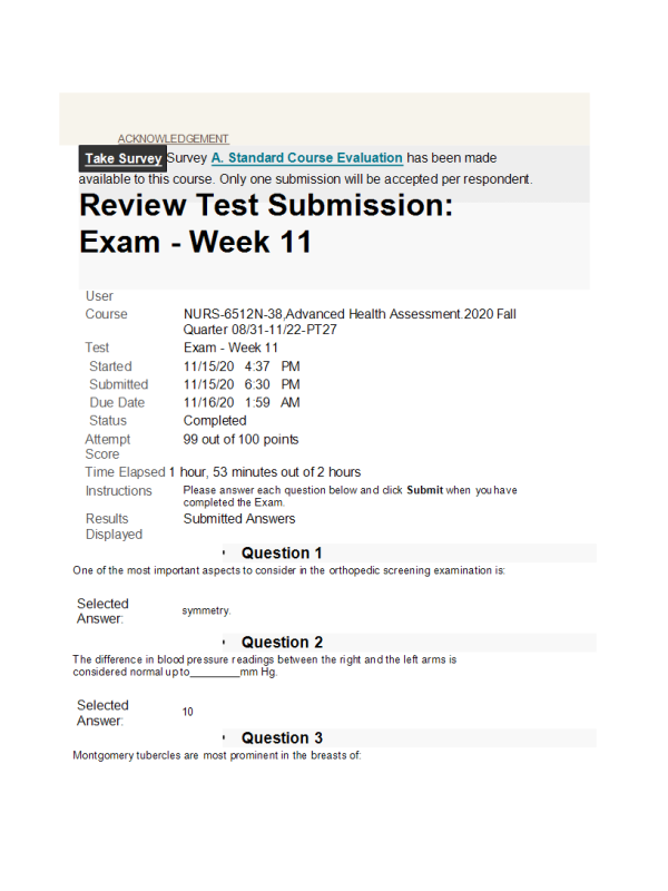 NURS 6512N-38 Week 11 Final Exam (Score99 out of 100)