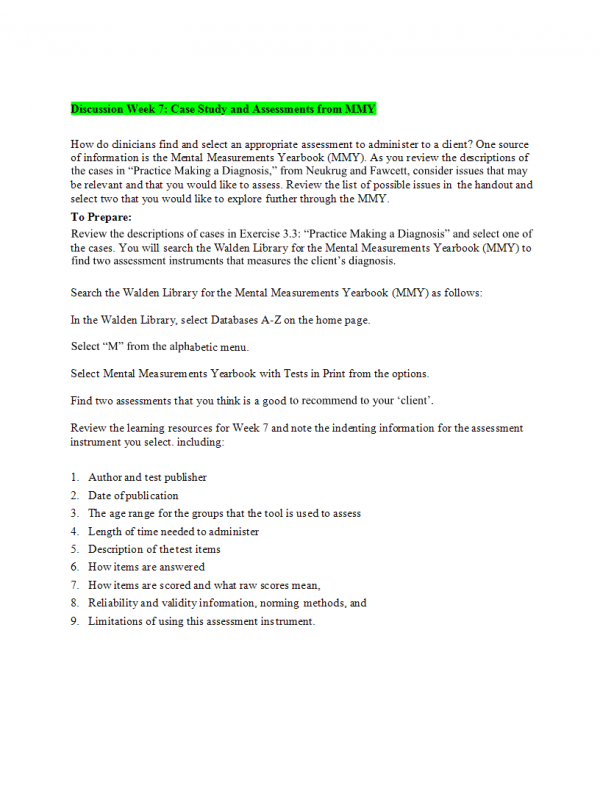 COUN 6360 Week 7 Discussion; Case Study and Assessments from MMY COUN 6360 Week 7 Discussion; Case Study and Assessments from MMY