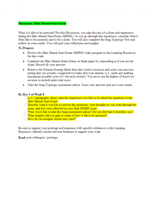 COUN 6360 Week 8 Discussion; Mini Mental State Exam COUN 6360 Week 8 Discussion; Mini Mental State Exam