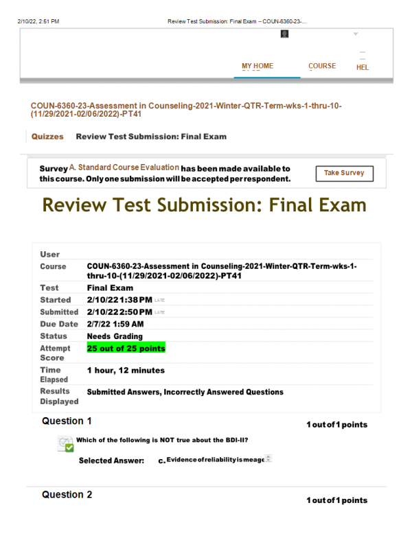 COUN 6360 Week 10 Exam; Final Exam