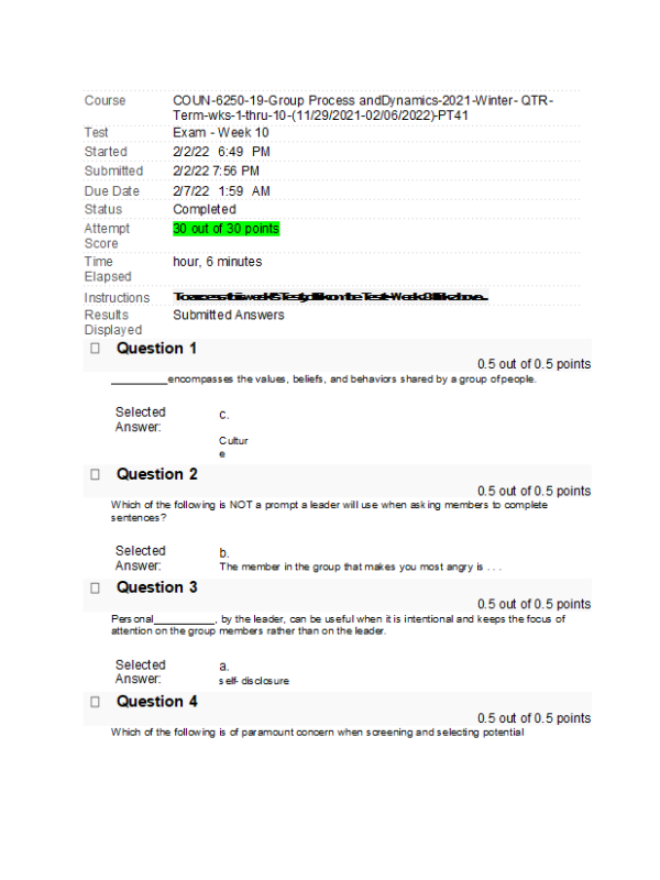 COUN 6250-19, Group Process and Dynamics, Week 10 Final Exam