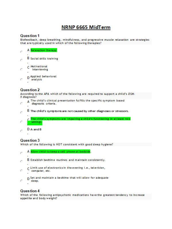 NRNP 6665 Week 6 Midterm Exam (100% Correct Summer QTR)