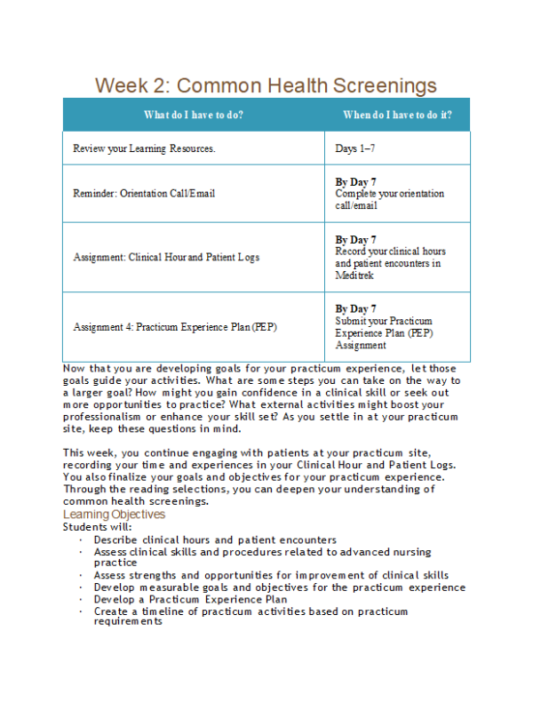 PRAC 6552 Week 2 Common Health Screenings; Learning Resources