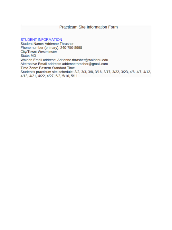PRAC 6552 Week 1 Assignment 1; Practicum Site Information Form