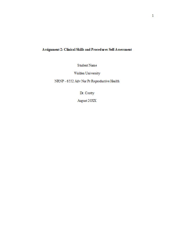 PRAC 6552 Week 1 Assignment 2; Clinical Skills and Procedures Self-Assessment