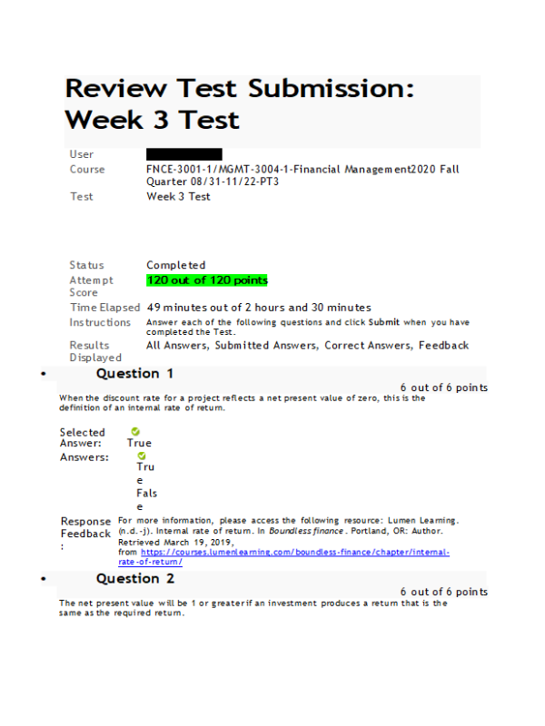 FNCE 3001-1, MGMT 3004-1, Financial Management Week 3 Midterm (100% Correct Fall Quarter)