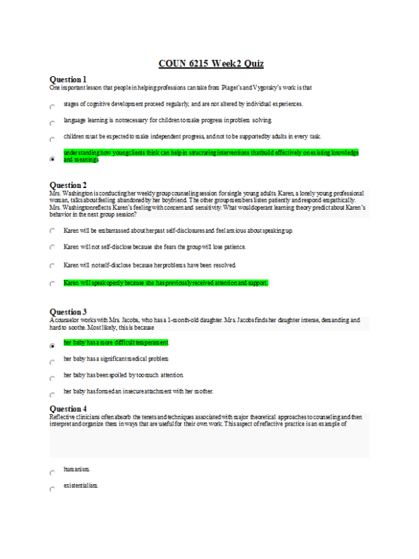 COUN 6215 Week 2 Quiz (100% Correct)
