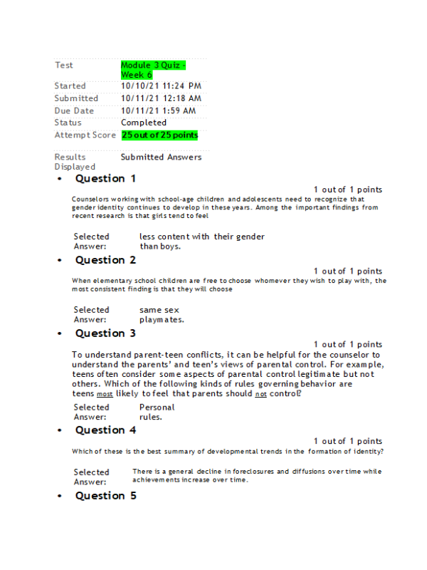 COUN 6215 Week 6 Quiz (100% Correct)