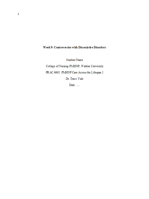 NRNP 6665 Week 9 Assignment; Controversy Associated with Dissociative Disorders
