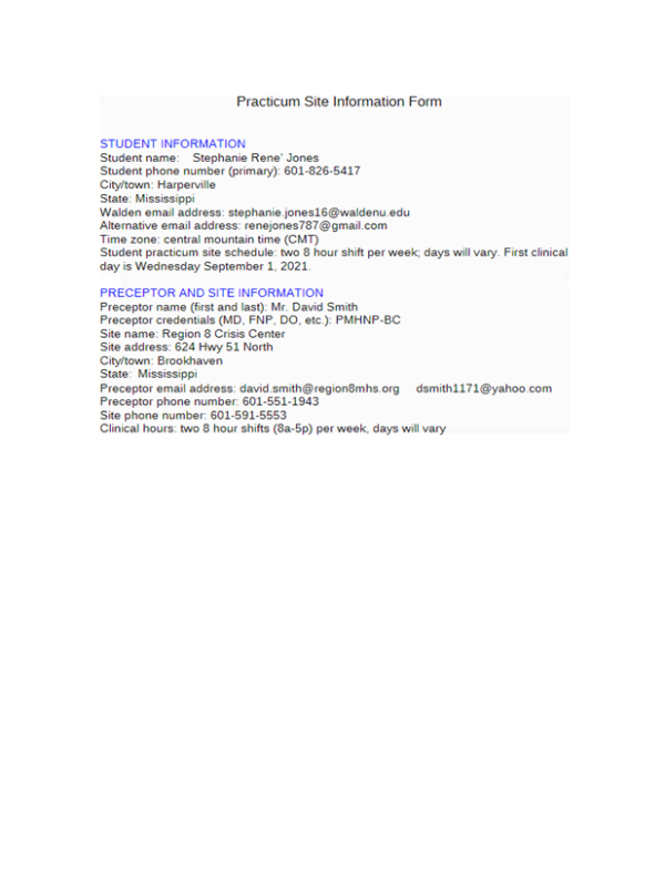 PRAC 6665 Week 1 Assignment 1; Practicum Site Information Form