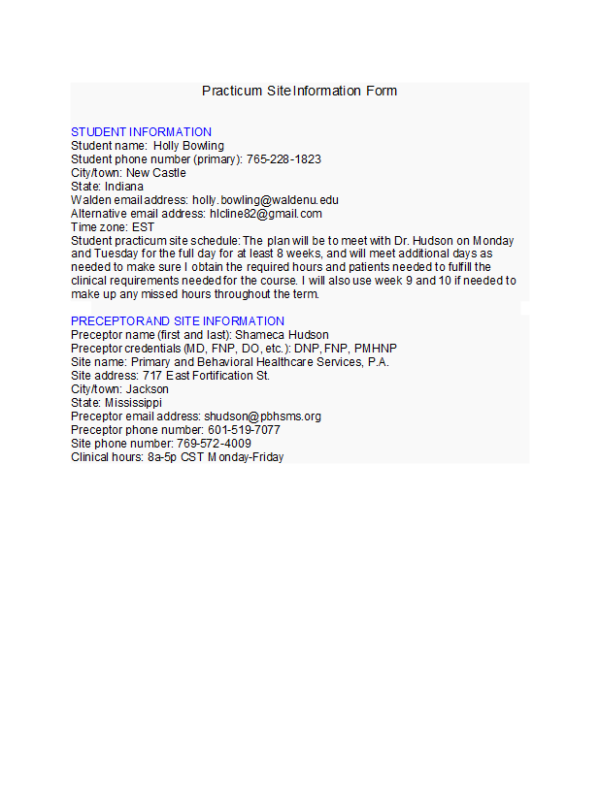 PRAC 6665 Week 1 Assignment 1; Practicum Site Information Form