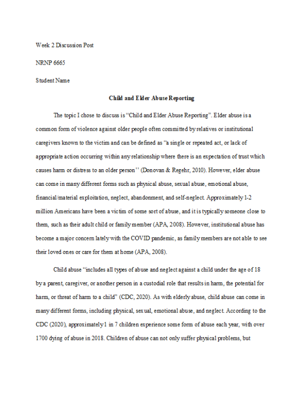 NRNP 6665 Week 2 Discussion; Ethical and Legal Foundations of PMHNP Care - Topic; Child and Elder Abuse Reporting