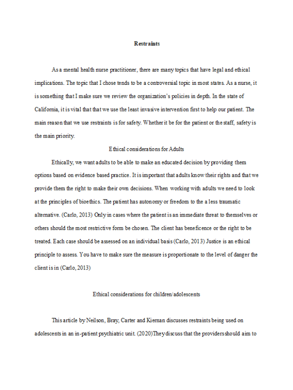 NRNP 6665 Week 2 Discussion; Ethical and Legal Foundations of PMHNP Care - Topic; Restraints