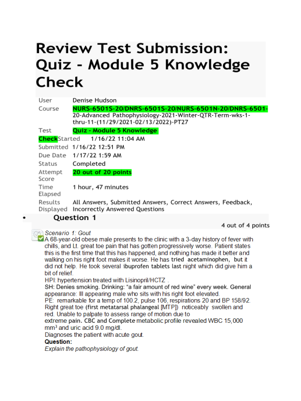NURS 6501S-20, DNRS-6501S-20, NURS 6501N-20, DNRS-6501-20-Advanced Pathophysiology Quiz - Module 5 Knowledge