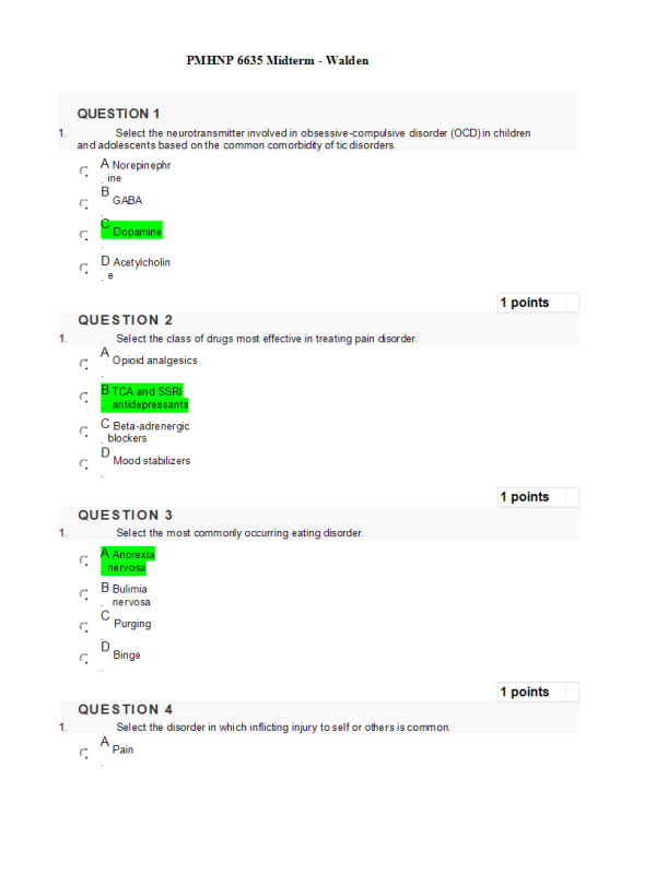 PMHNP 6635 Midterm Exam (100% Correct)