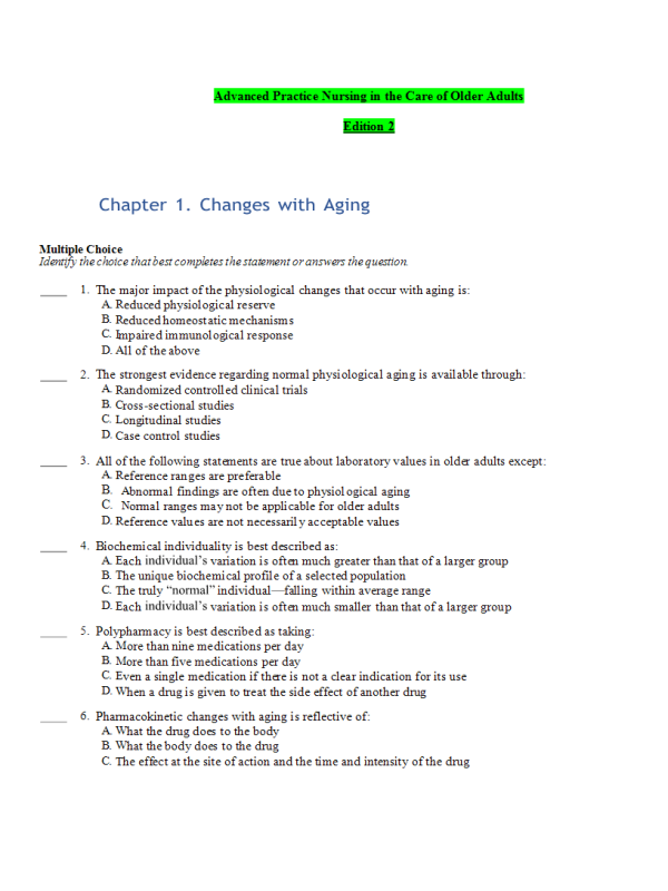 xAdvanced Practice Nursing in the Care of Older Adults, 2 Edition (Kennedy-Malone)TESTBANK