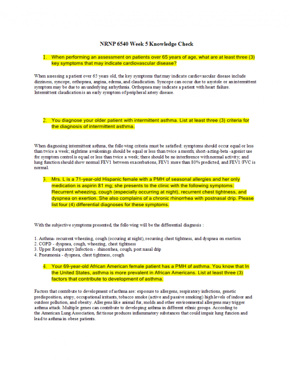 NRNP 6540 Week 5 Knowledge Check; Cardiovascular and Pulmonary Disorders