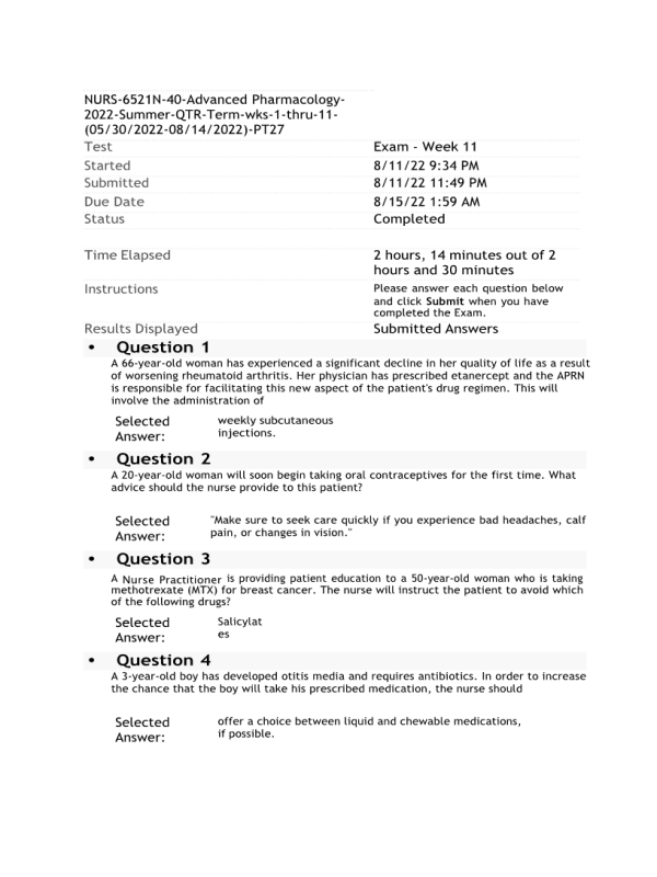 NURS 6521N-40, Advanced Pharmacology; Week 11 Final Exam