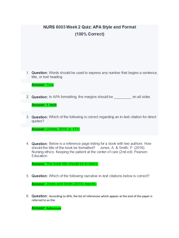 NURS 6003 Week 2 Quiz; APA Style and Format