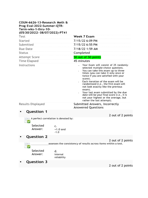 COUN 6626 Week 7 Exam; 50 out of 50 points